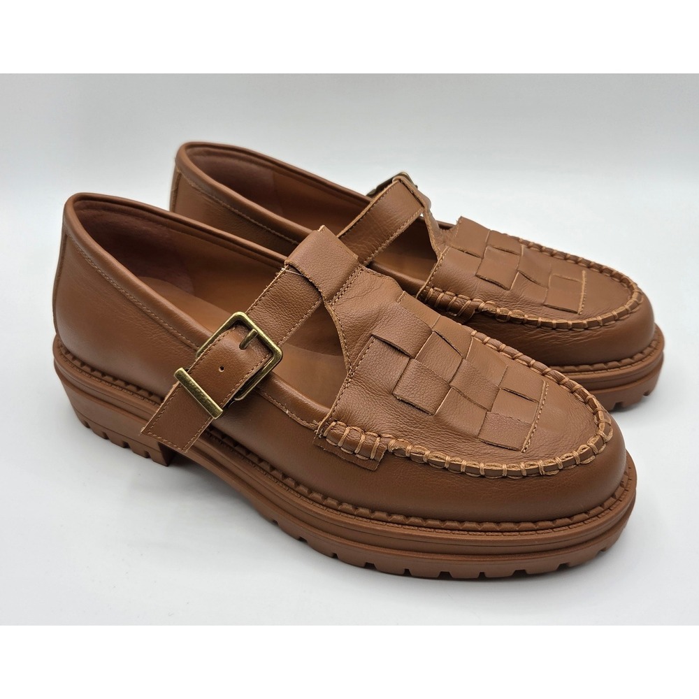Chelsea & Violet Brown Leather Woven Mary Jane Lug Sole Loafers Womens 8.5M